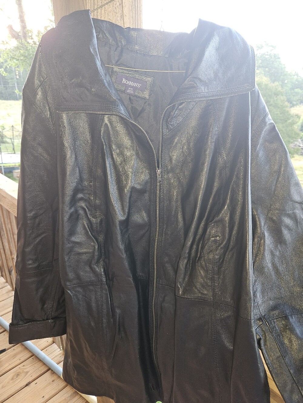 Roaman's Black Leather Zip Jacket with Purple Label